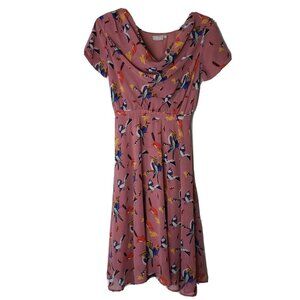 eShakti Flowy Bird Print Dress Pink Womens Small Lined Cowl Neck Midi Chiffon